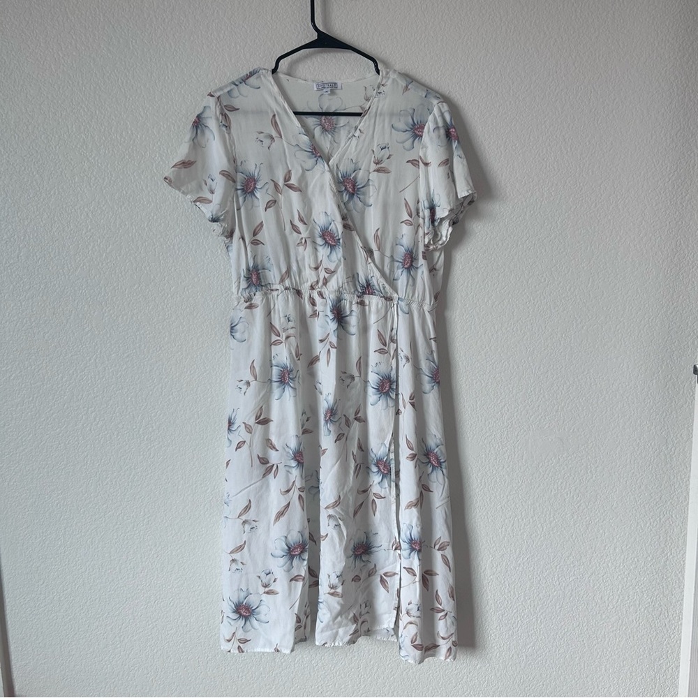 White Floral XL Midi Dress with Blue Bloom Print Modest, Conservative, Flowy - Picture 1 of 10